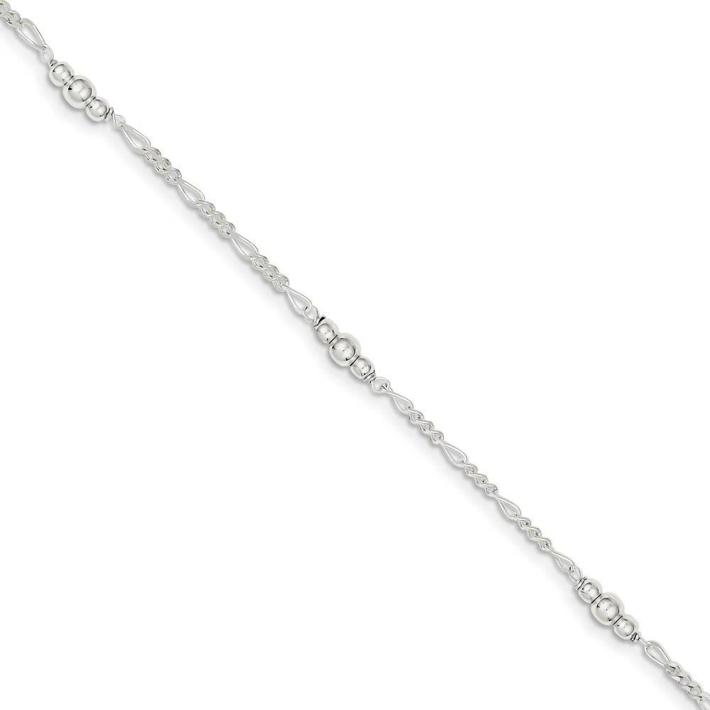 Sterling Silver Bead Figaro Chain Adjustable Anklet, 9 Inch