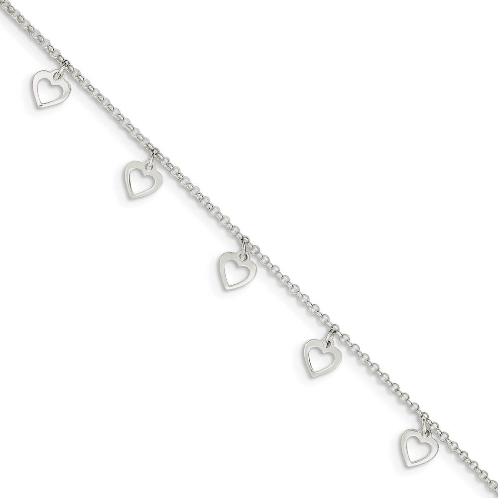 Sterling Silver Dangling Open Heart Charm Adjustable Anklet, 9 Inch