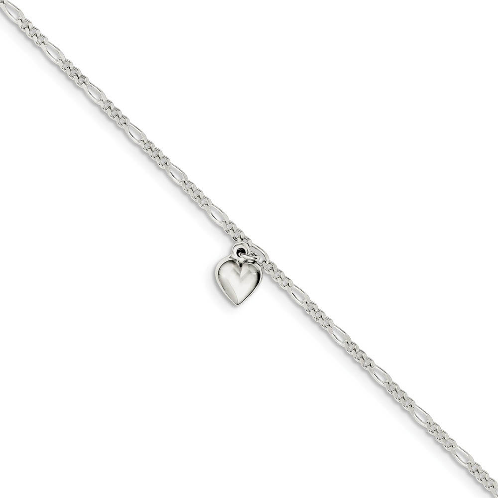 Sterling Silver Figaro Chain Dangling Heart Adjustable Anklet, 9 Inch