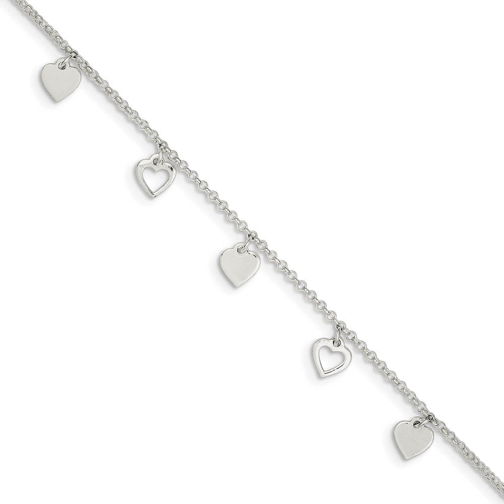 Sterling Silver Dangling Heart Charms Adjustable Anklet, 9 Inch