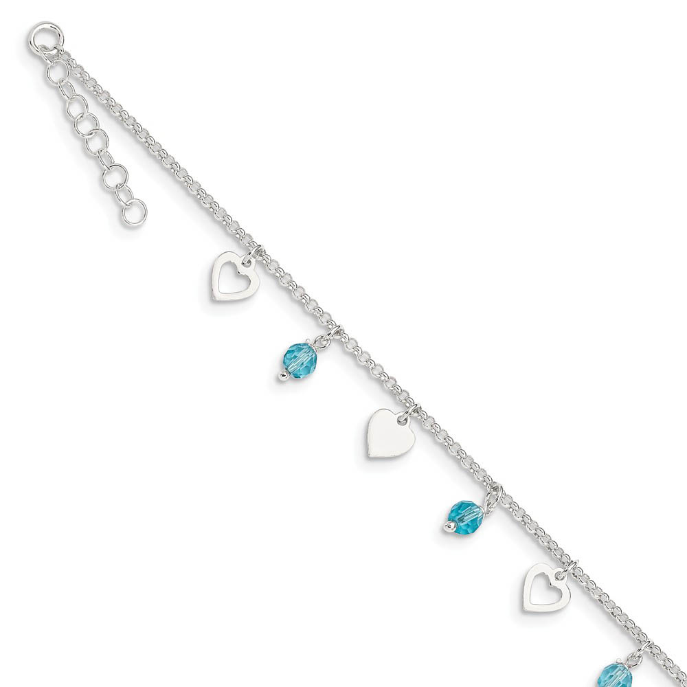 Sterling Silver Heart and Blue Glass Bead Adjustable Anklet, 9 Inch