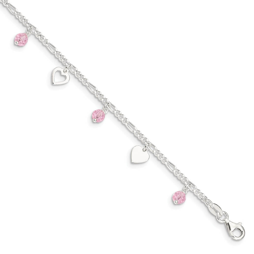 Sterling Silver Heart and Rose Glass Bead Adjustable Anklet, 9 Inch