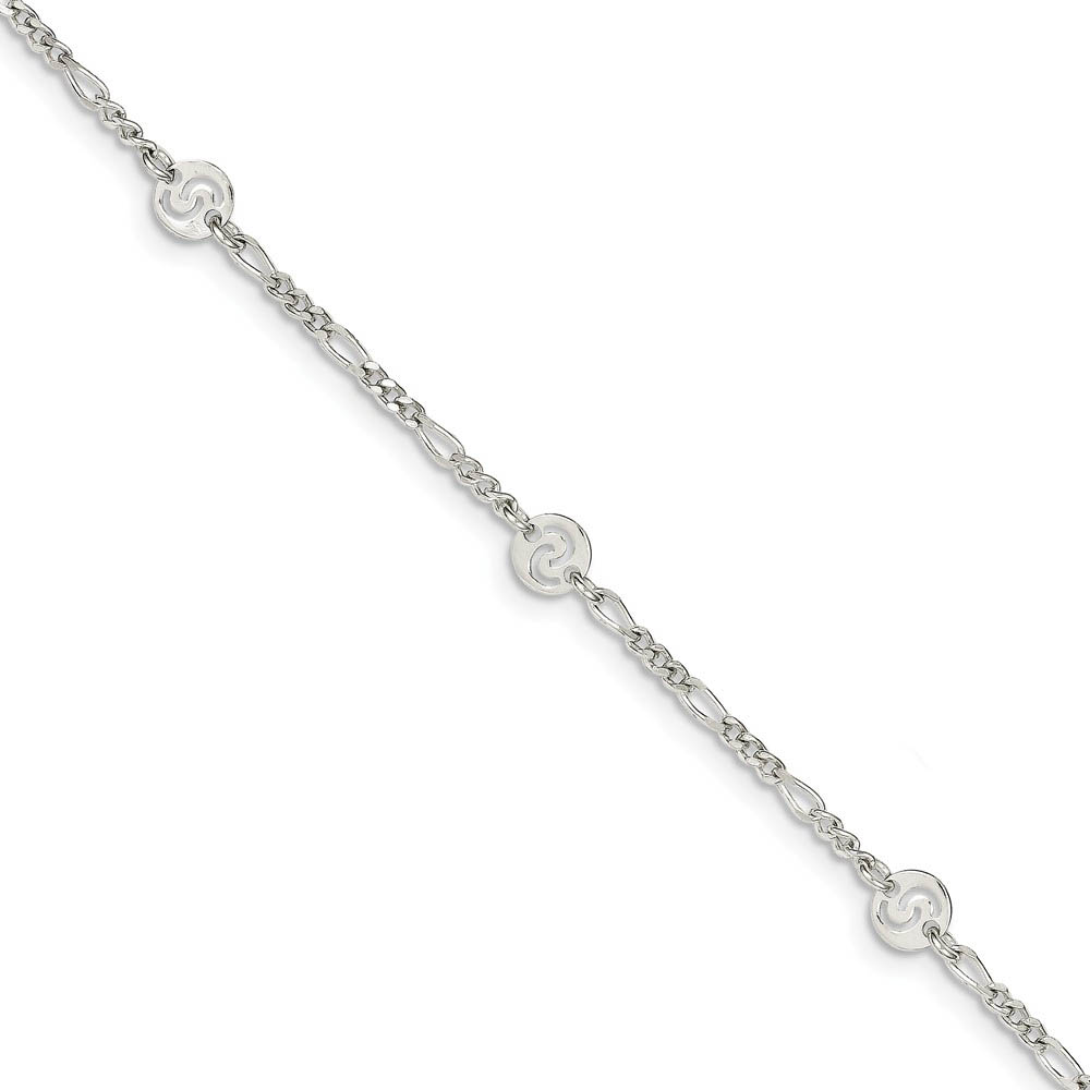 Sterling Silver Swirl Disc and Figaro Chain Adjustable Anklet