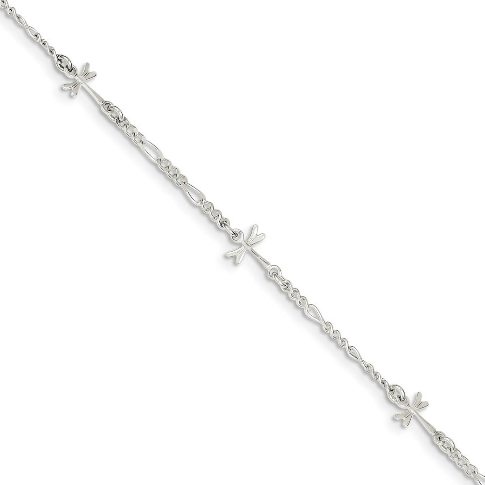 Sterling Silver Dragonfly Figaro Chain Link Adjustable Anklet, 9 Inch