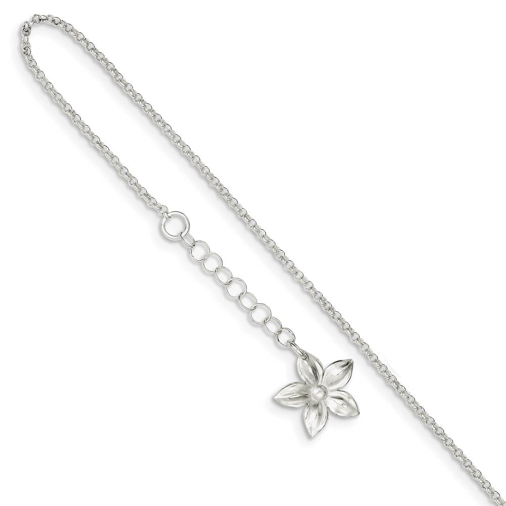 Sterling Silver Five Petal Flower Adj. Cable Chain Anklet