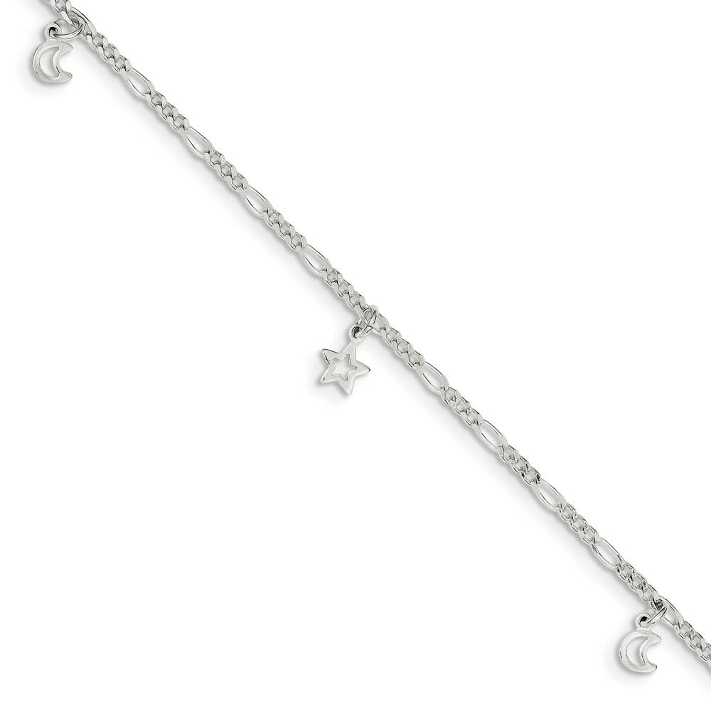 Sterling Silver Dangling Moon and Stars Adjustable Anklet