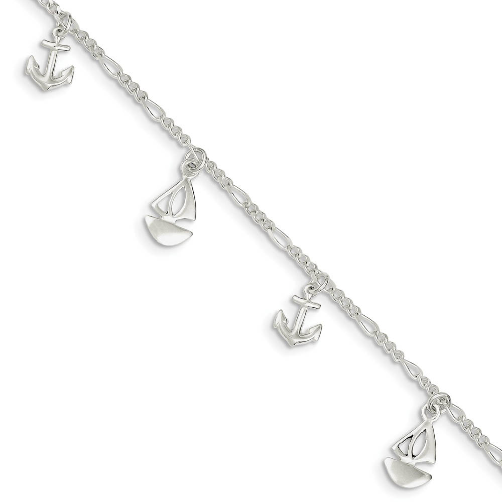 Sterling Silver Sailboat and Anchor Charm Adjustable Anklet, 9 Inch