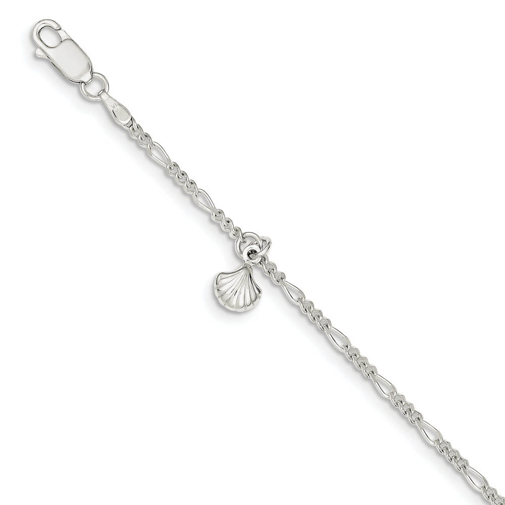 Sterling Silver Fan Shell and Figaro Chain Adjustable Anklet