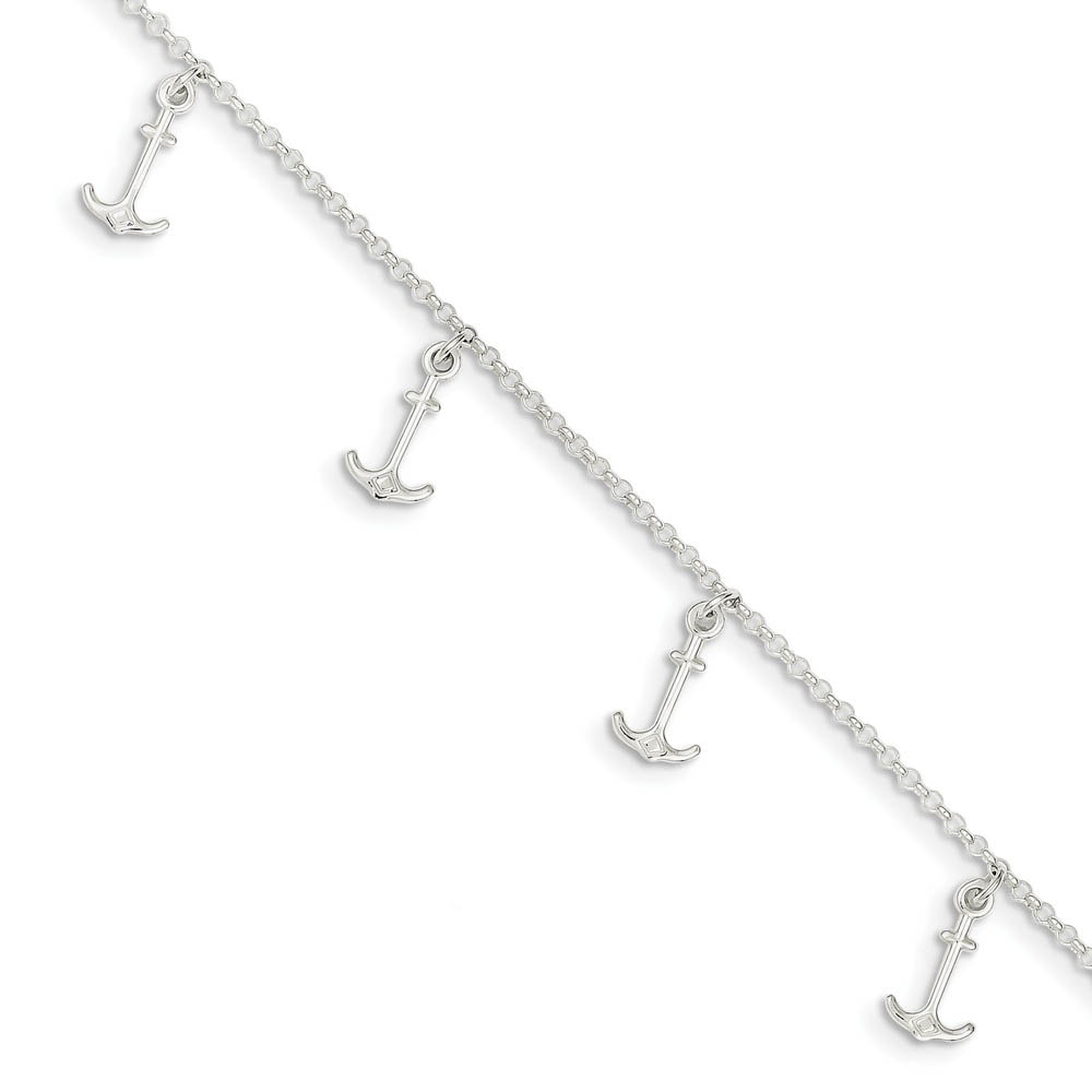 Sterling Silver Dangling Anchors Adjustable Rolo Chain Anklet, 9 Inch