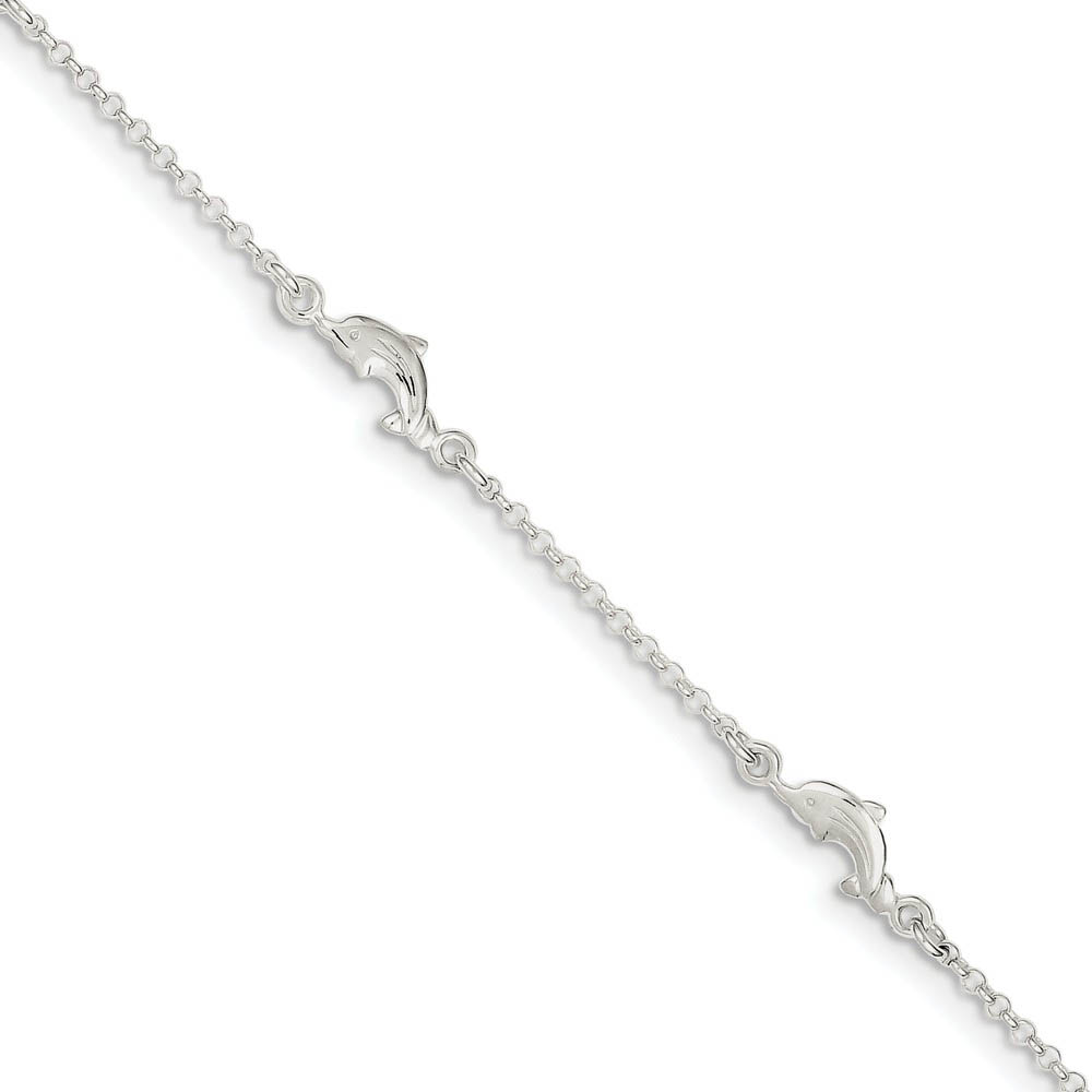 Sterling Silver Dolphin Station Link Adjustable Anklet, 9 Inch