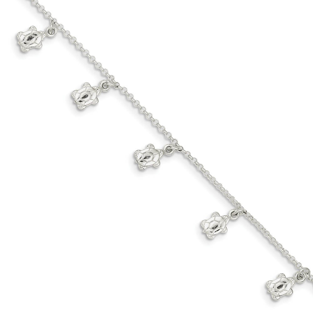 Sterling Silver Dangling Sea Turtle Adjustable Anklet, 9 Inch