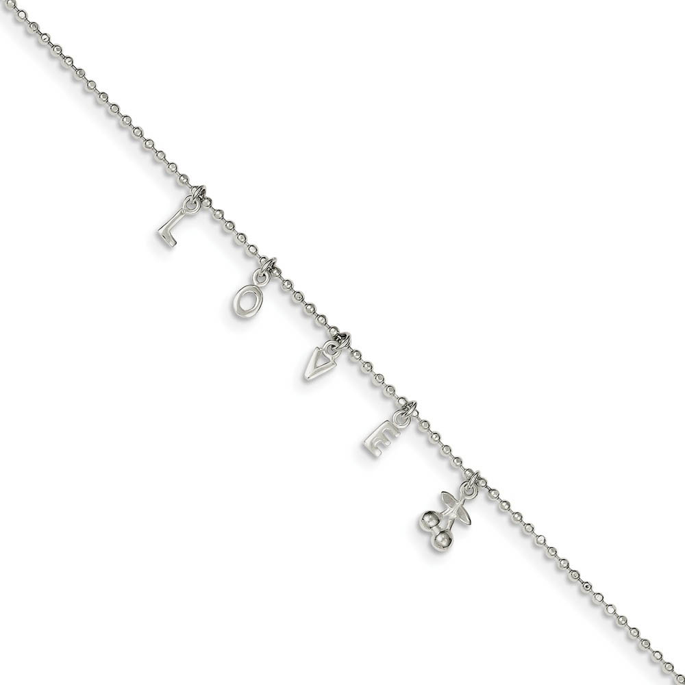 Sterling Silver 1.5mm Beaded LOVE Charm Anklet, 10-11 Inch