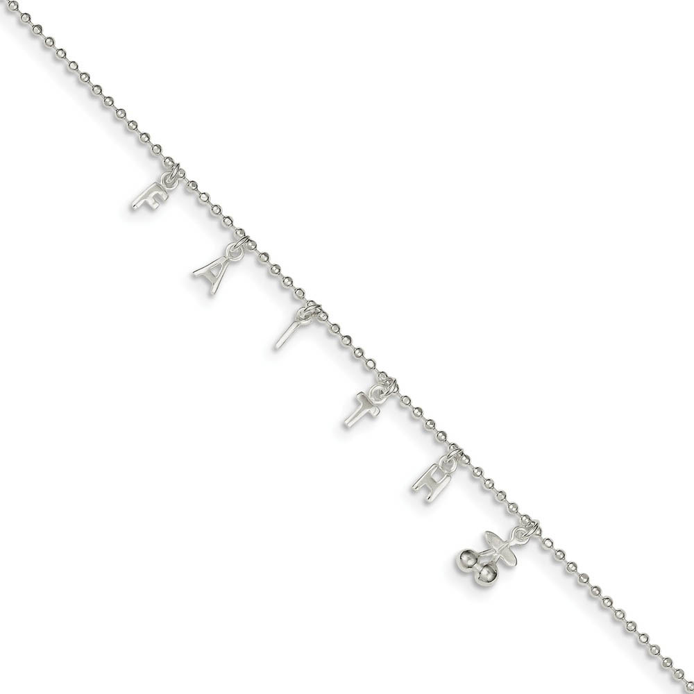 Sterling Silver 1.5mm Beaded FAITH Charm Anklet, Inch