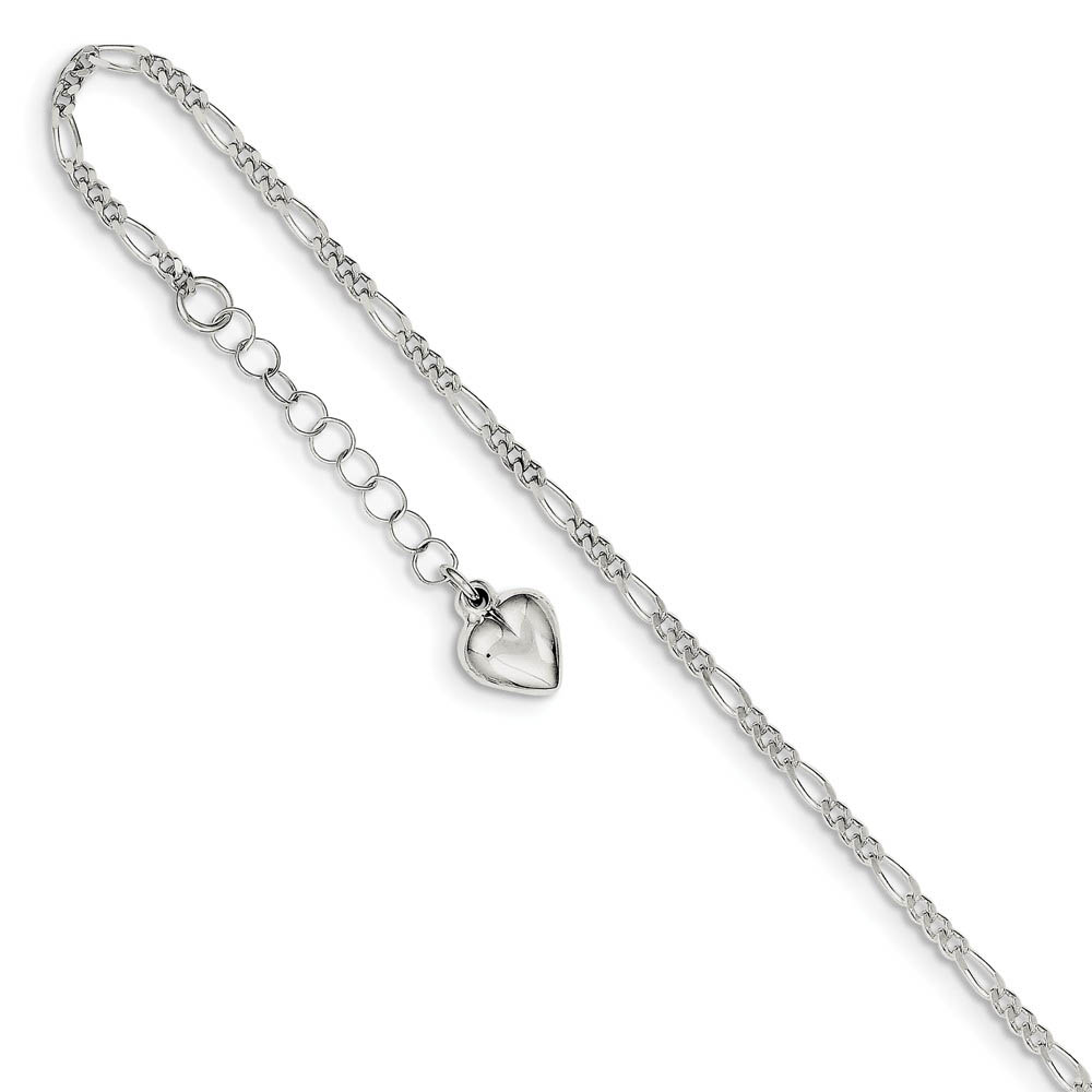 Sterling Silver Polished Heart Adjustable Figaro Chain Anklet, 9 Inch