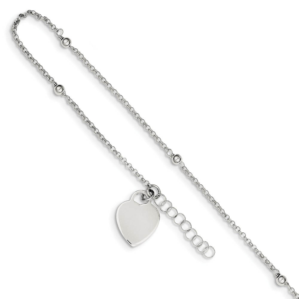 Sterling Silver Beaded Rolo Chain And Heart Charm Adj. Anklet, 9 Inch