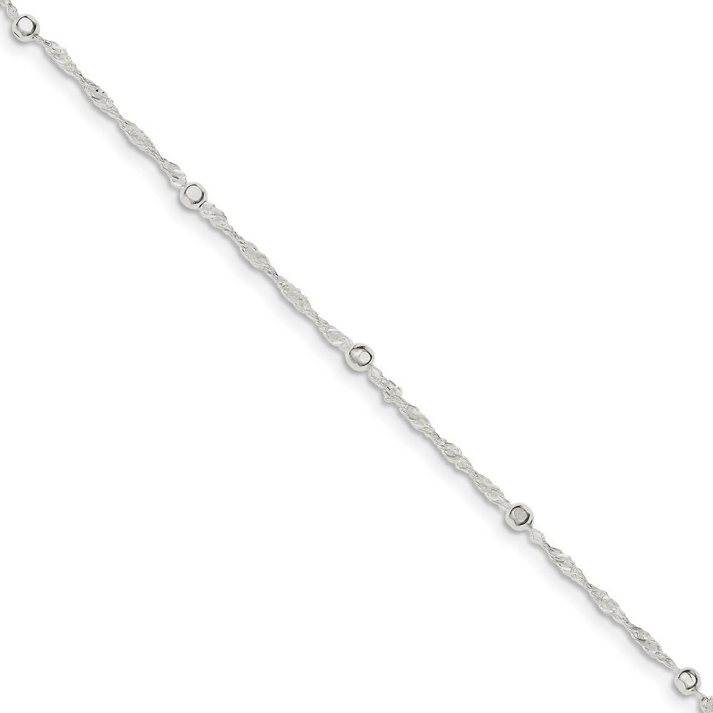 Sterling Silver 2mm Singapore And 3mm Bead Adj. Chain Anklet