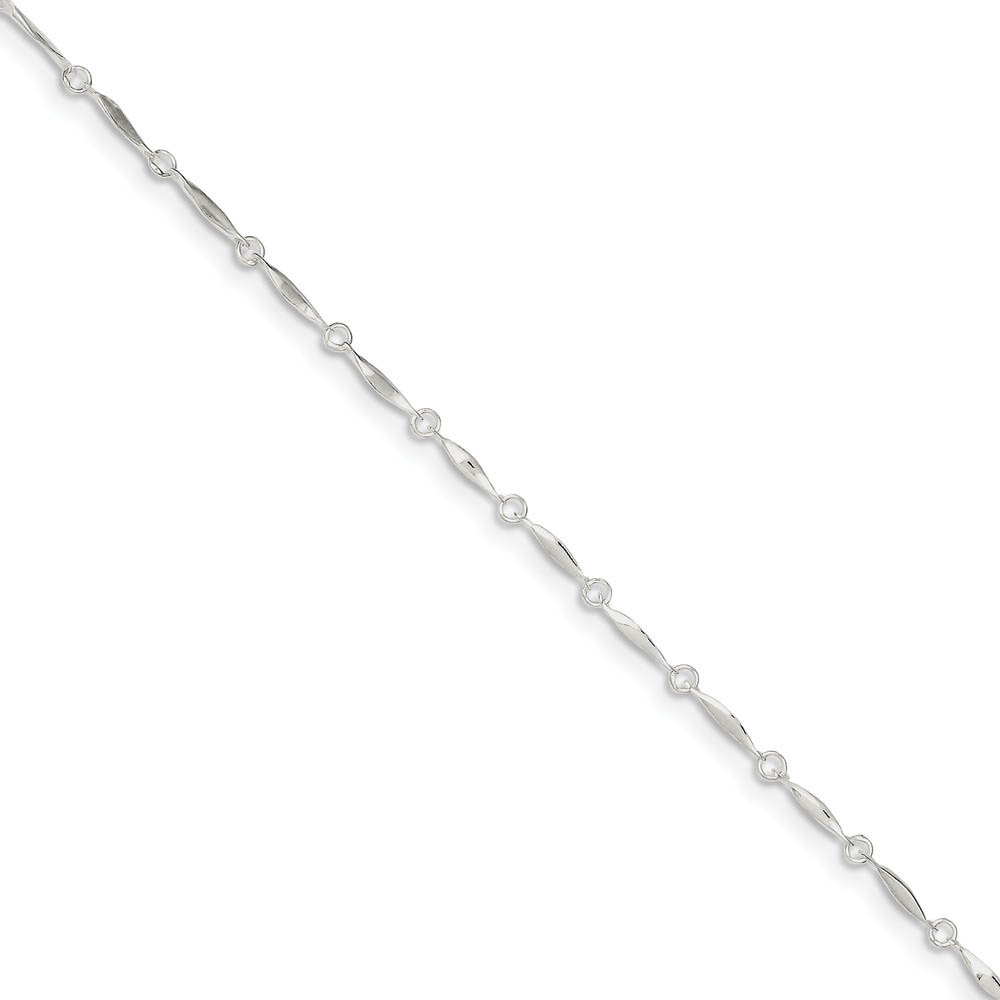 Sterling Silver Adjustable 2mm Polished Bar Link Anklet, 10 Inch