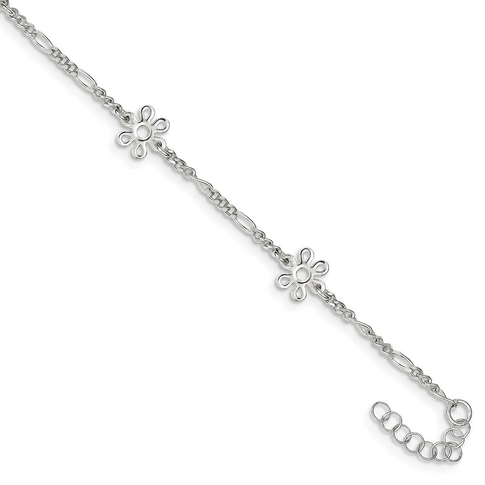 Sterling Silver Flower Station Figaro Link Adjustable Anklet, 9 Inch