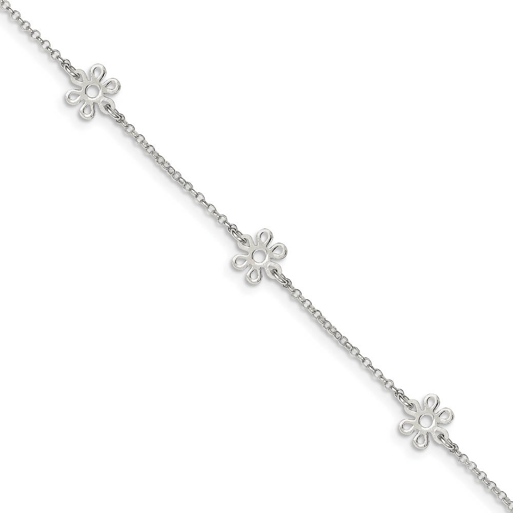 Sterling Silver Flower Station Cable Chain Adjustable Anklet, 9 Inch