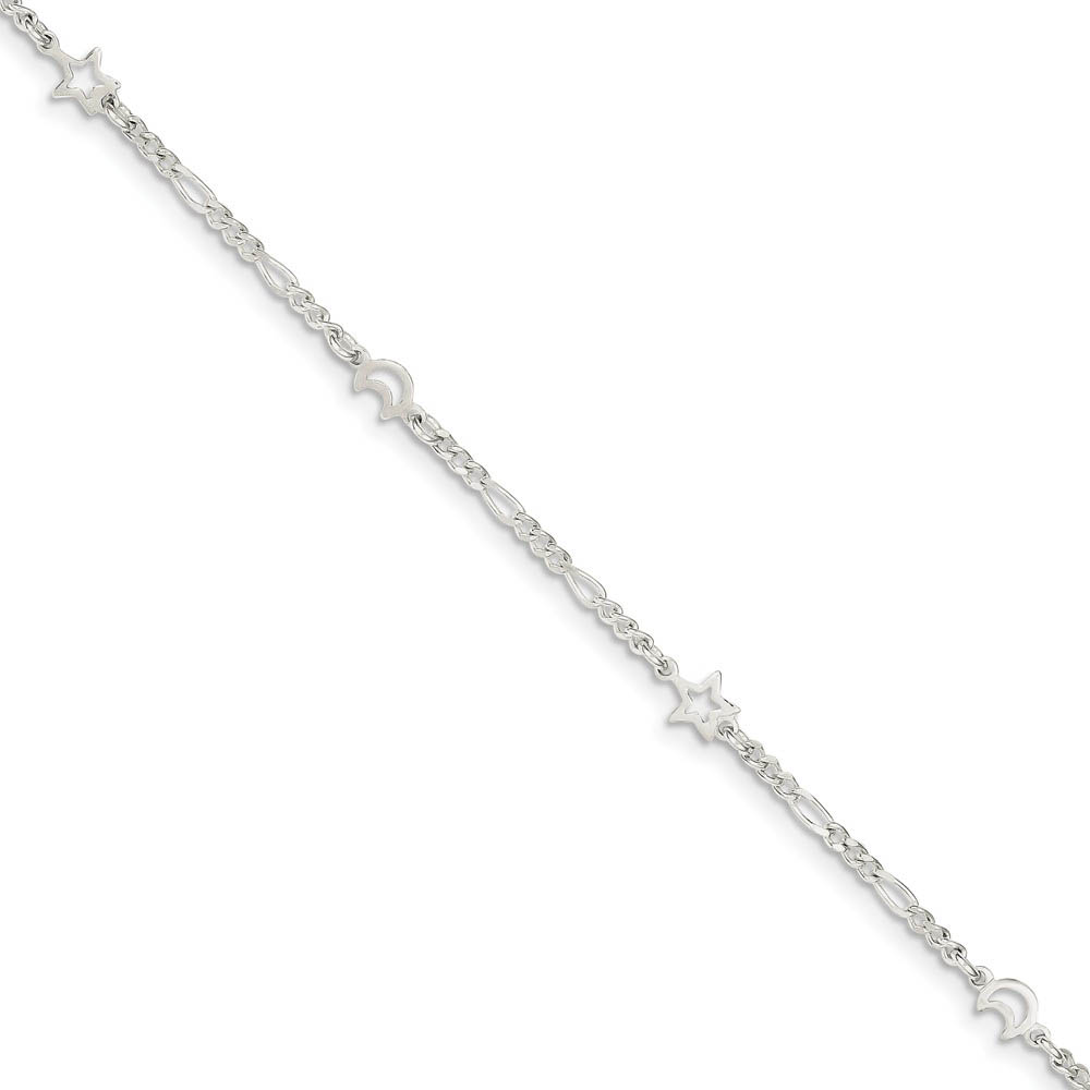 Sterling Silver Moon and Stars Figaro Adjustable Anklet, 9 Inch