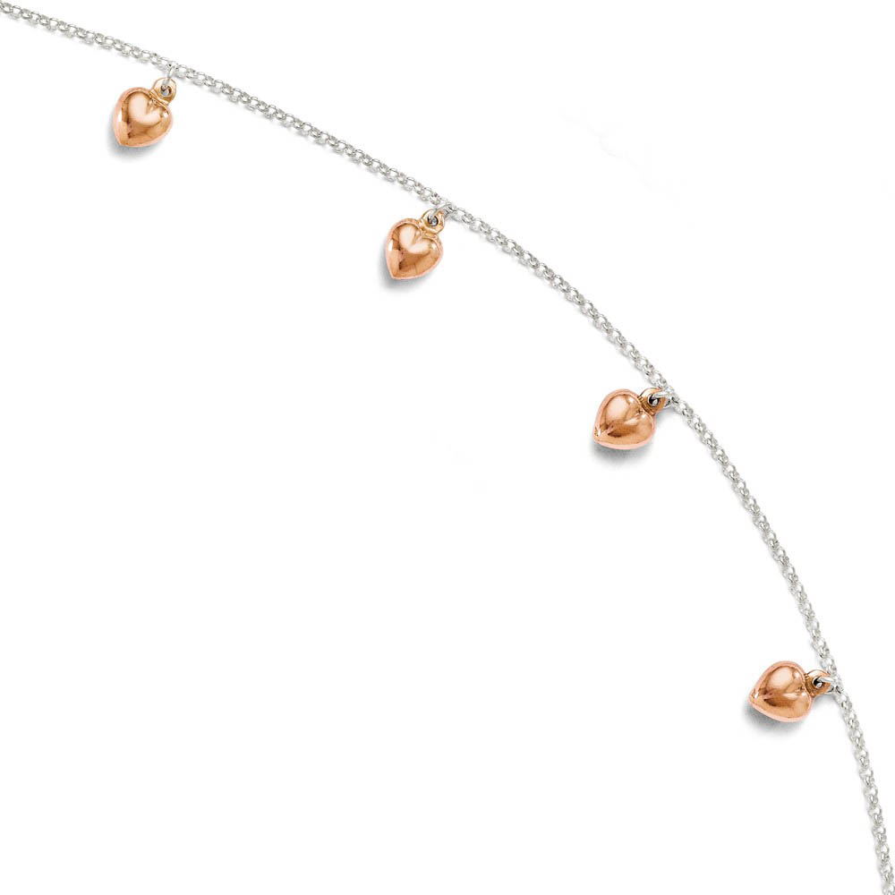 18k Rose Gold Plated And Sterling Silver Puffed Hearts Anklet, 9-10 In