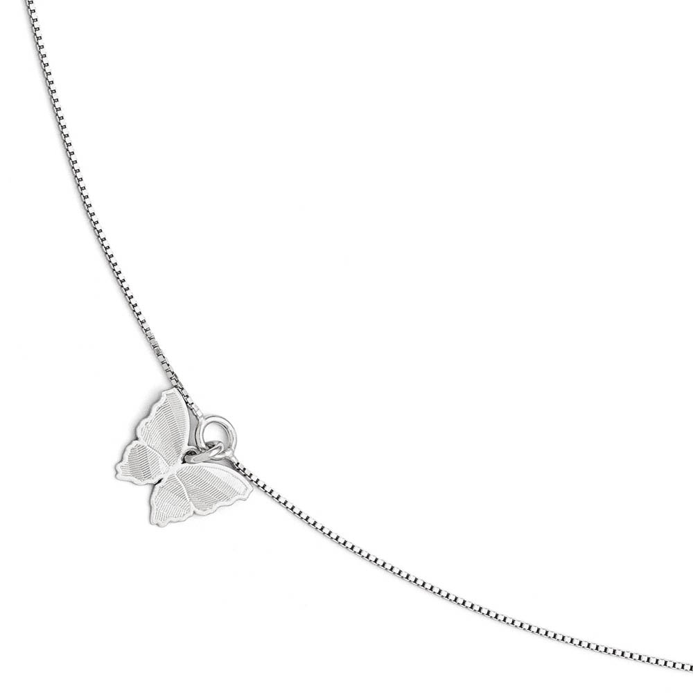Sterling Silver Textured Butterfly and 1mm Box Chain Anklet, Inch