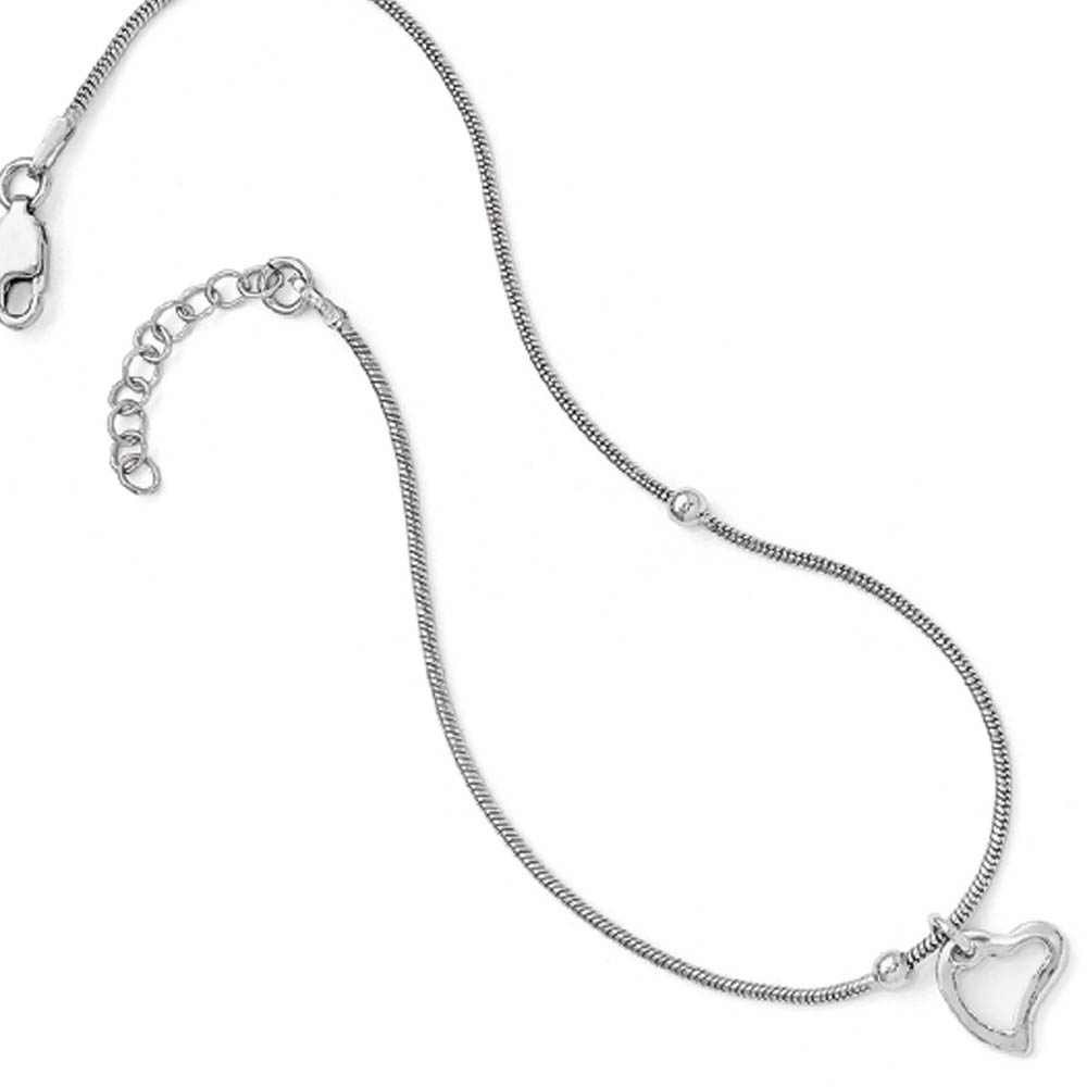 Sterling Silver Asymmetrical Heart and Snake Chain Anklet, Inch