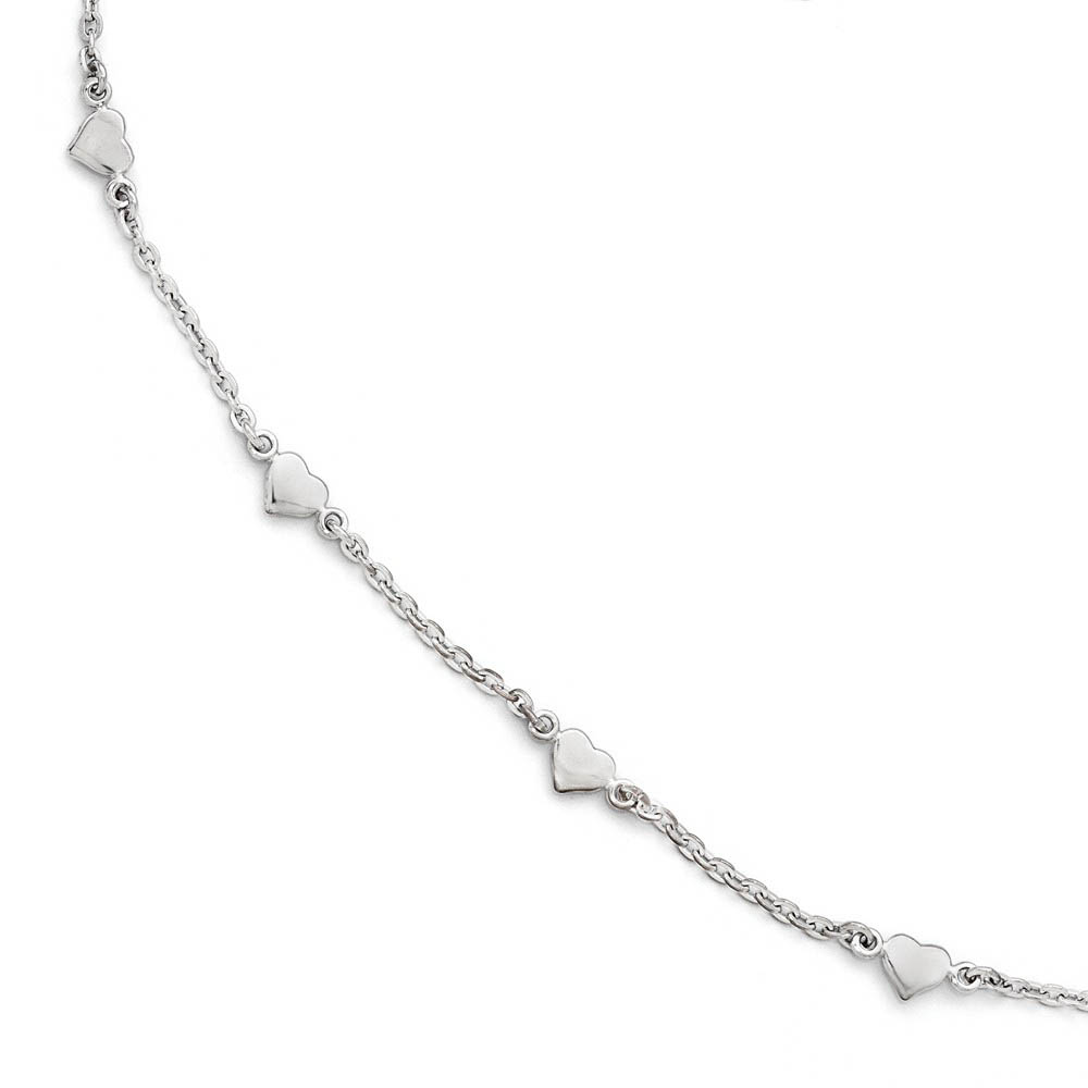 Sterling Silver Heart Station Cable Link Anklet, Inch