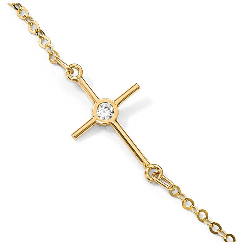 14k Yellow Gold Polished Cubic Zirconia Cross Station Anklet, 10 Inch