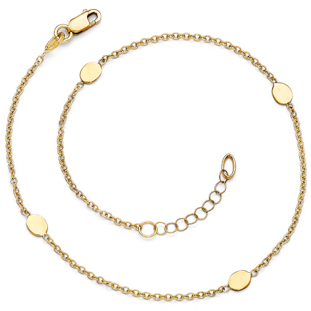 14k Yellow Gold Polished Oval Disc Anklet, 10-11 Inch