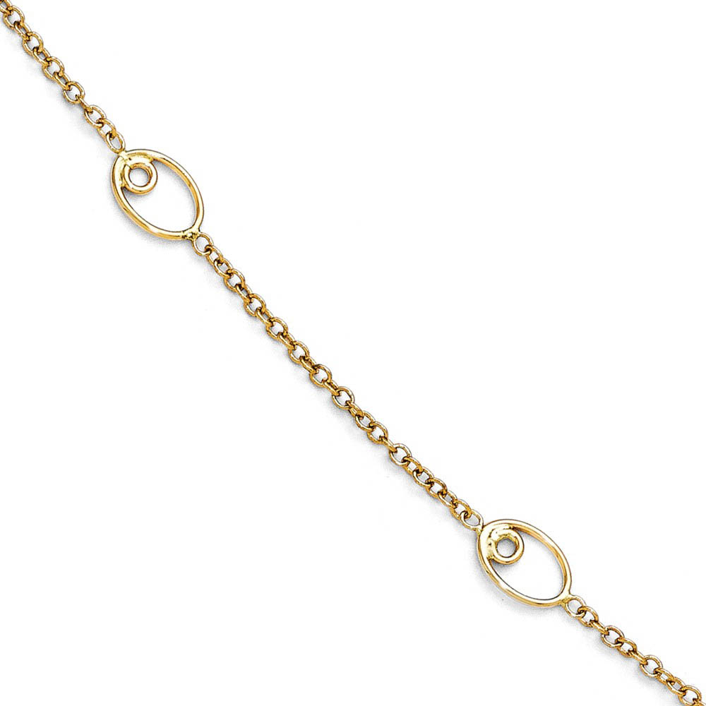 14k Yellow Gold Oval Station Link Anklet, Inch