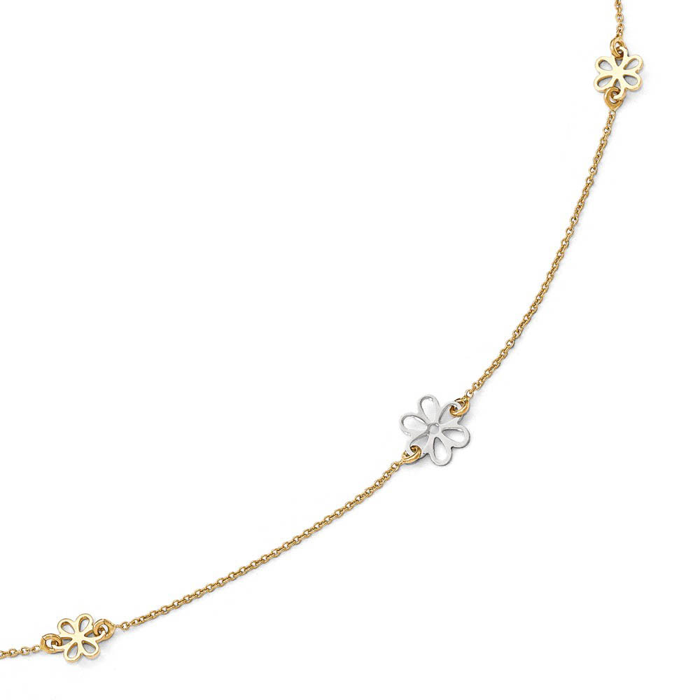 14k Two Tone Gold Polished Flower Station Anklet, 10-11 Inch