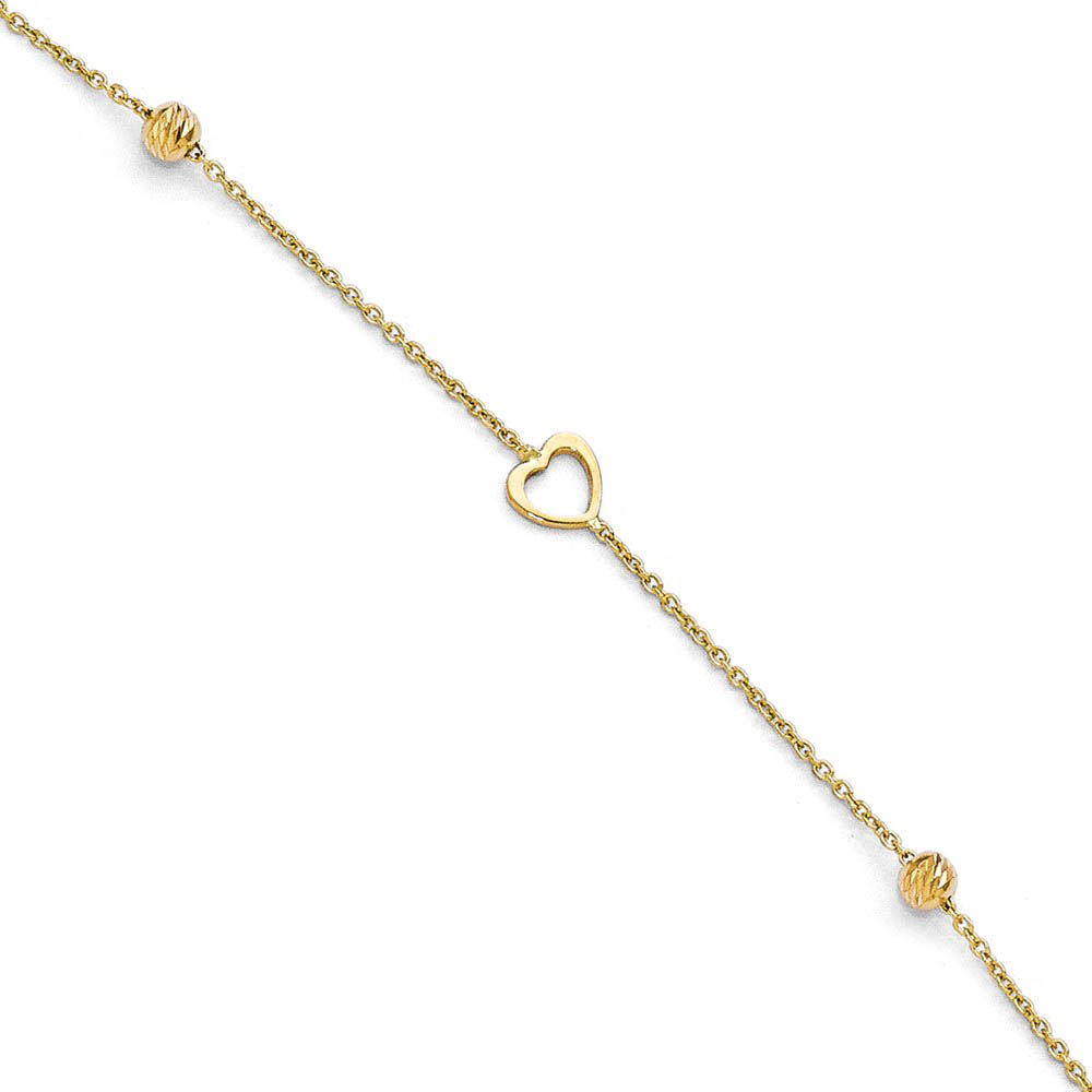 14k Yellow Gold Open Heart and Diamond-Cut Bead Anklet, 10-11 Inch