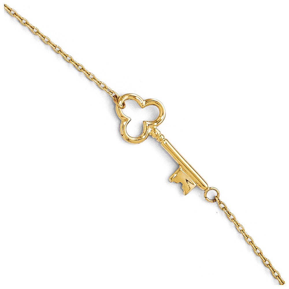 14k Yellow Gold Polished Shamrock Key Anklet, Inch