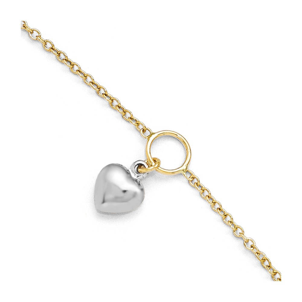 14k Two Tone Gold Dangling Puffed Heart Anklet, 10-11 Inch