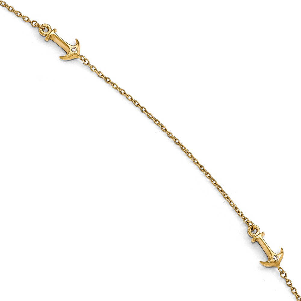 14k Yellow Gold and Cubic Zirconia Anchor Station Anklet, 9-10 Inch