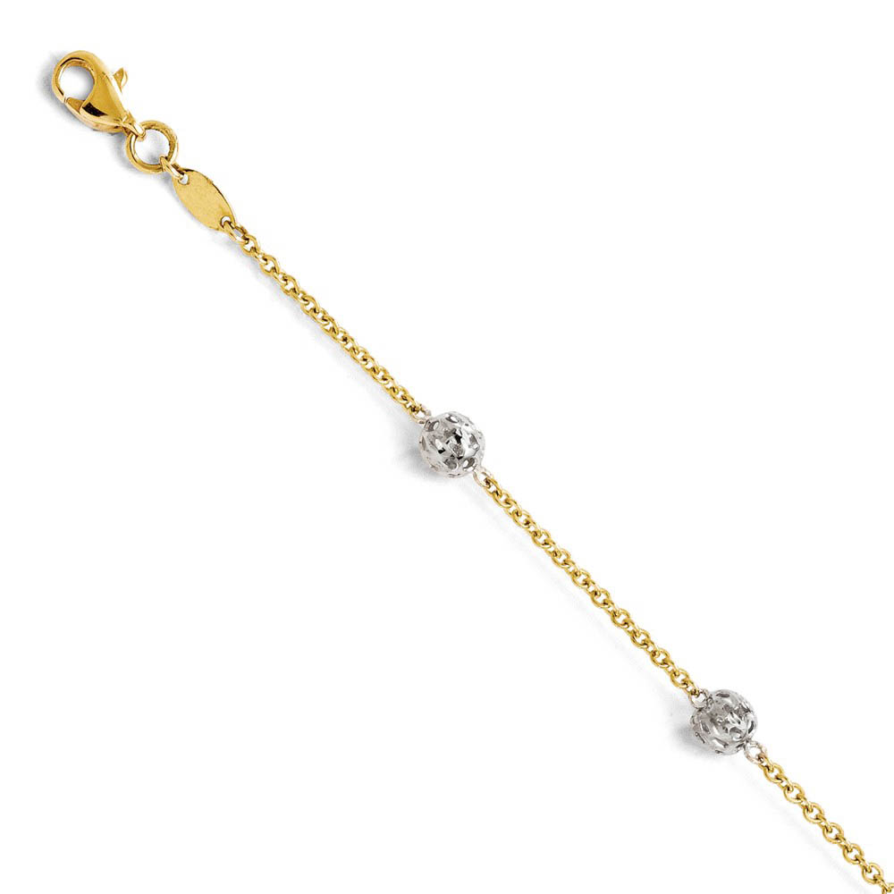 14k Two Tone Gold 5mm Cage Bead Station Anklet, 9-10 Inch