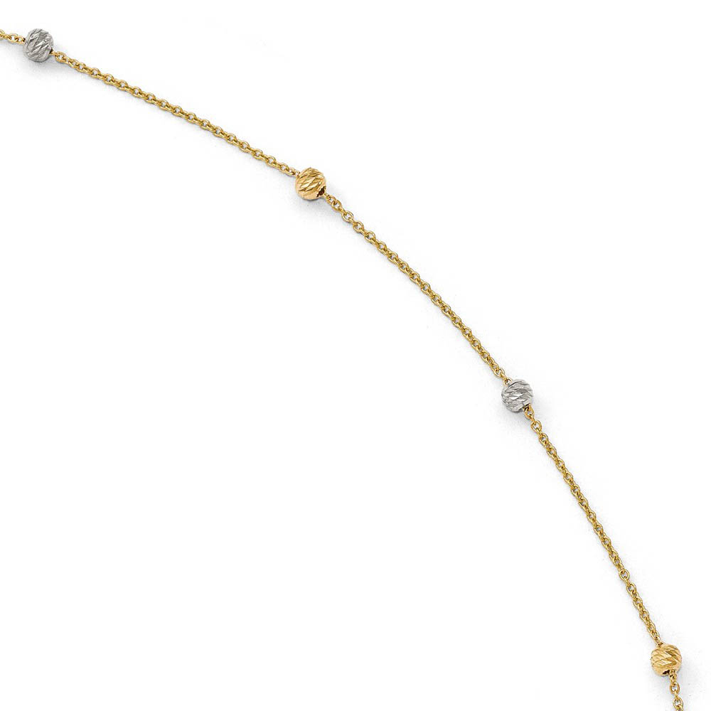 14k Two Tone Gold Polished Cable and D/C Bead Anklet, Inch