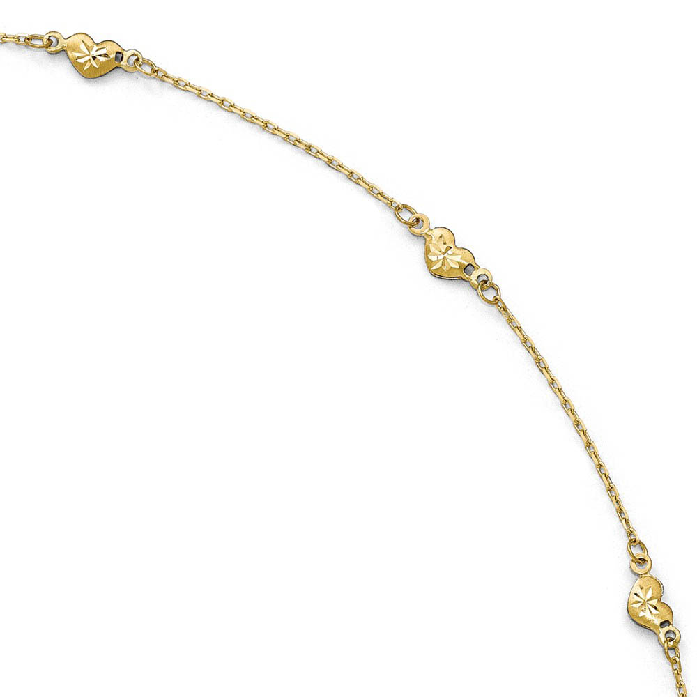 14k Yellow Gold Brushed And Diamond-Cut Heart Station Anklet, 9-10 In