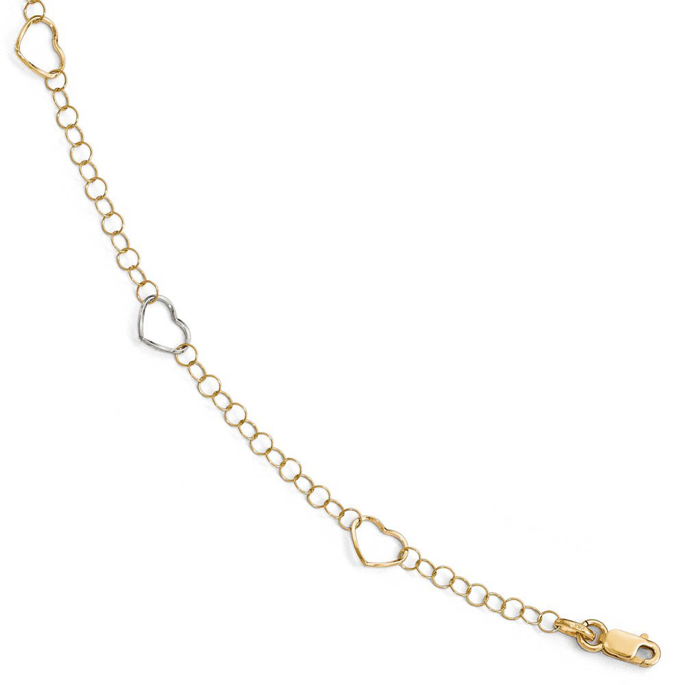 14k Two Tone Gold Open Heart Link Station Anklet, Inch