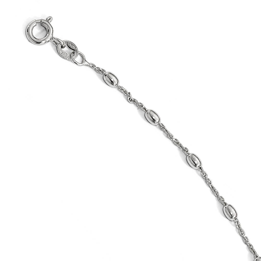 Sterling Silver Polished 2.6mm Beaded Cable Chain Anklet, Inch