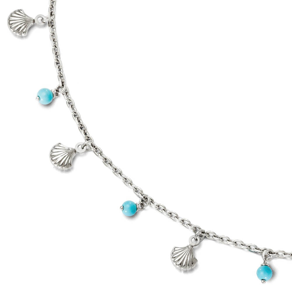 Sterling Silver Turquoise Bead And Sea Shell Dangle Anklet, Inch