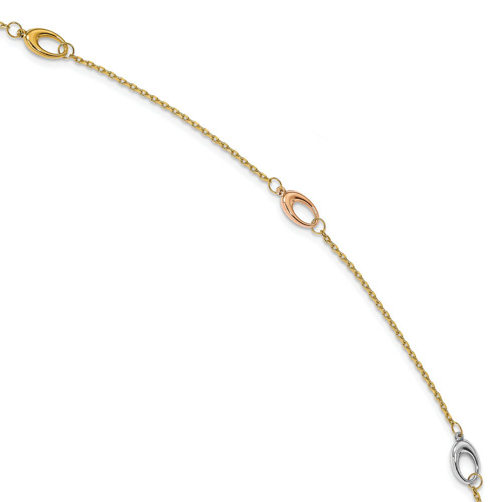 14k Tri-Color Gold Cable Chain And Oval Station Anklet, Inch