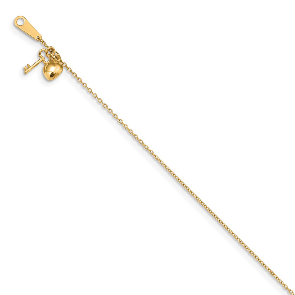 14k Yellow Gold Heart and Key 0.8mm Cable Chain Anklet