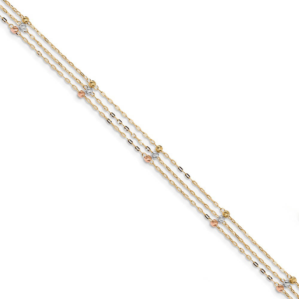 14k Tri-Color Gold 3-Strand D/C Beaded Cable Chain Anklet
