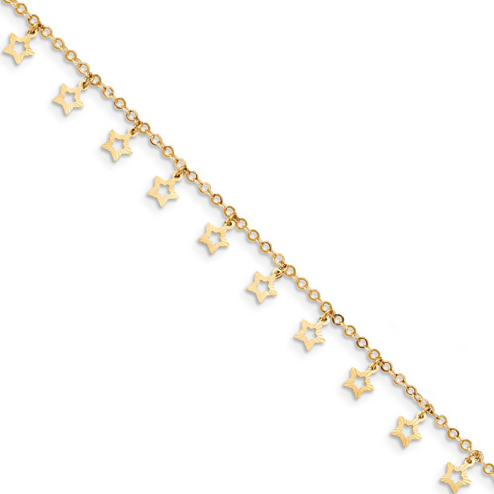 14k Yellow Gold Dangling Stars 1.5mm Cable Chain Anklet, Inch