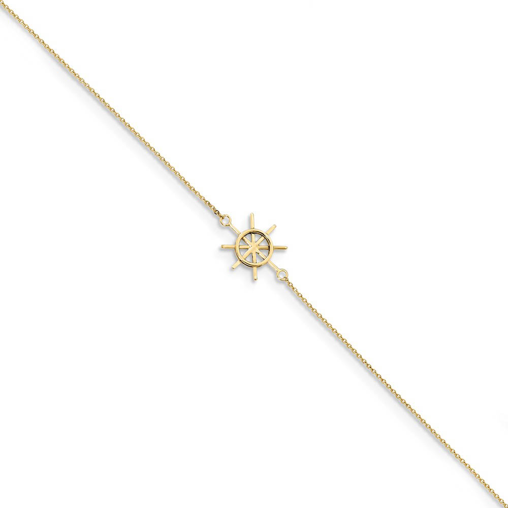 14k Yellow Gold Captains Wheel and Cable Chain Anklet, Inch