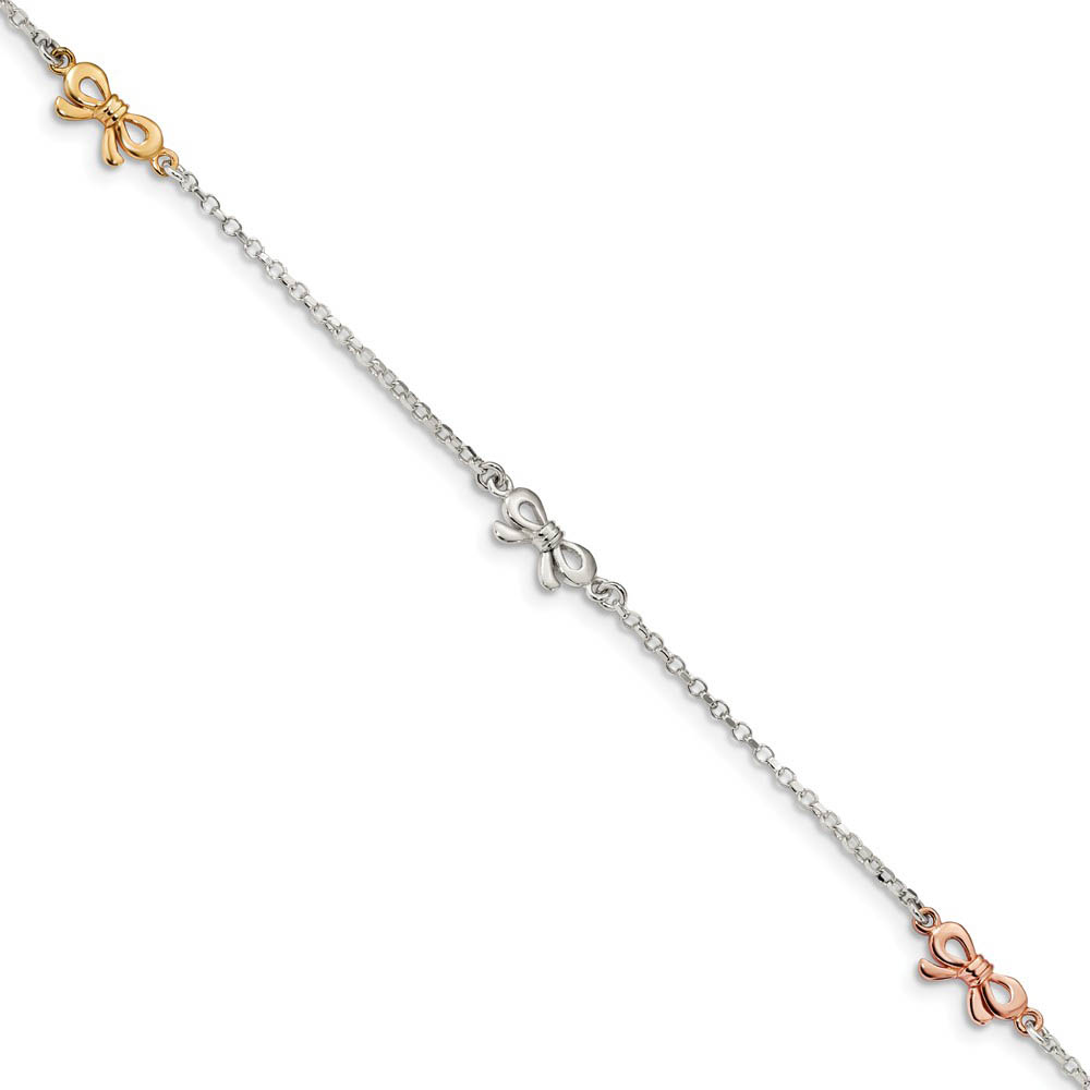 Sterling Silver, Yellow-Tone and Rose-Tone Bows Anklet, Inch