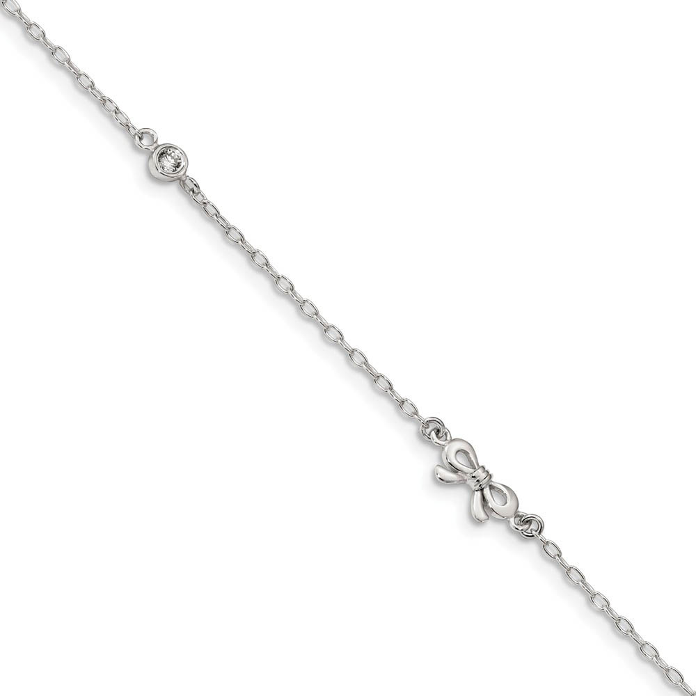 Sterling Silver CZ Bow And 1.5mm Cable Chain Anklet, Inch