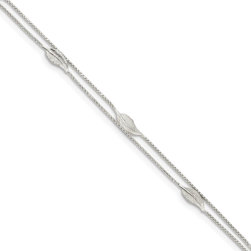 Sterling Silver 2 Strand Feather Adjustable Anklet, Inch